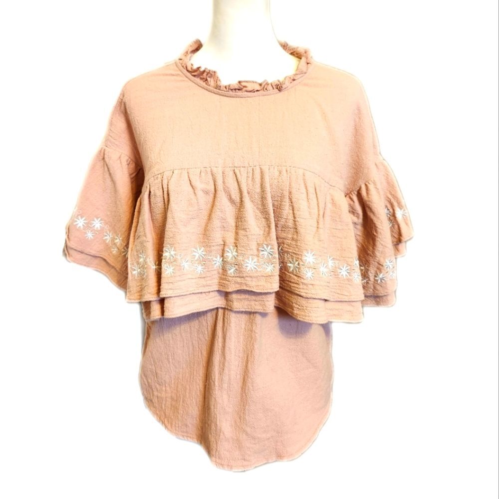 Listicle 100% cotton pale peach ruffled blouse with embroidery M